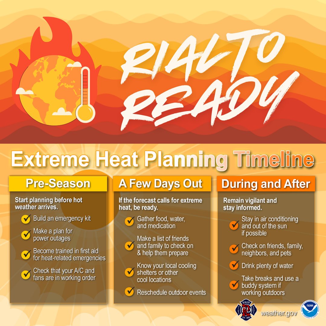 Don’t wait until it’s too late—plan before, during, and after extreme heat events. 

💧Cooling Centers Available
For locations and hours of operation, please call (909) 421-4949.

Pre-planning saves lives. Stay cool, stay safe, and stay #rialtoready