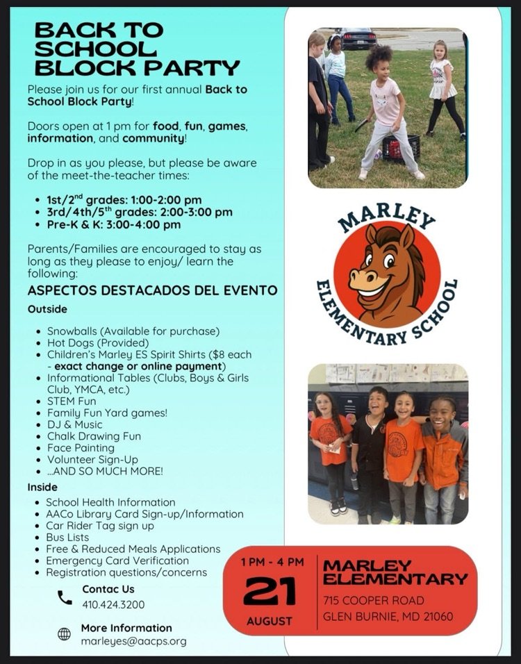 We look forward to seeing you at our back to school block party tomorrow, 08/21/2025 from 1-4 pm!  There will be food, fun, games, information, and an opportunity to meet your child's teacher!