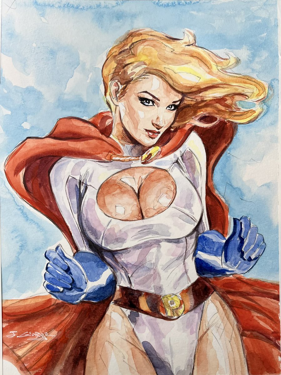 Watercolor of Power Girl. 
9” x 12” available for $100. Send me a message if you’re interested #PowerGirl #ComicArt #watercolor