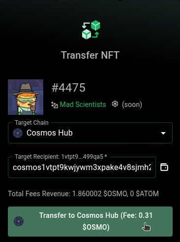 As announced, we’ve set a $0.05 transfer fee (in the chain’s native denom) for NFT transfers 🌉

In the transfer dialog you’ll now see:
1️⃣ Bridge Fee → what you pay to bridge your NFT
2️⃣ Total Fees Revenue → revenue generated across both chains
💜 100% of fees go back to our