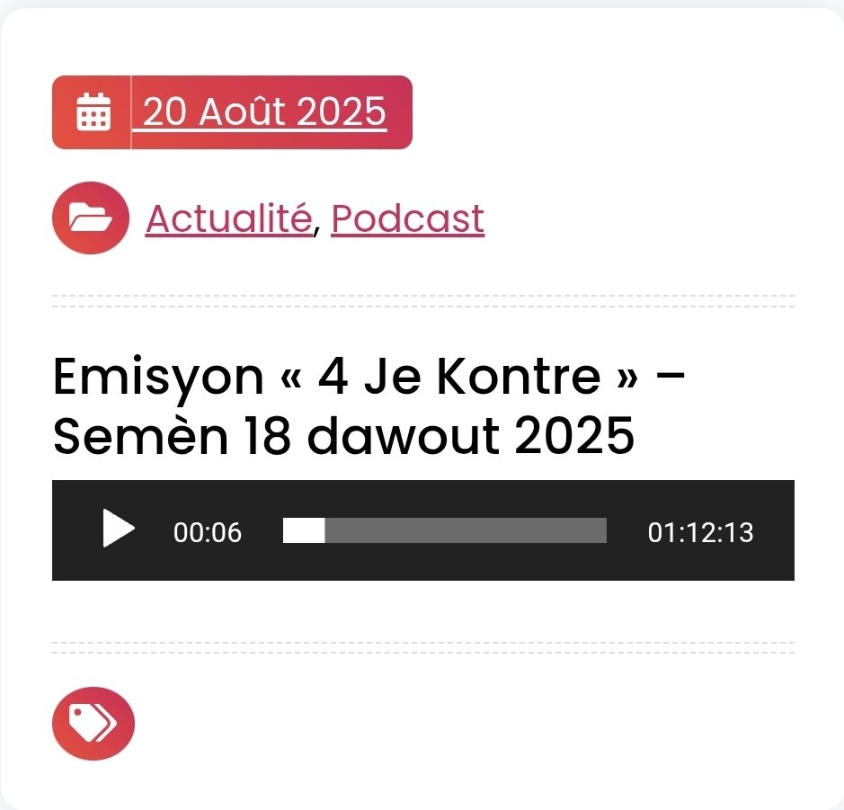 🎧 #𝘌𝘮𝘪𝘴𝘺𝘰𝘯_𝟰_𝘑𝘦_𝘬𝘰𝘯𝘵𝘳𝘦 | Semèn 18 dawout 𝟤𝟢𝟤𝟧

#Irdèle_Lubin se envite emisyon an semèn sa a. 👇🏿👇🏿

share.google/4MGPMMG2h4Kw6U…
