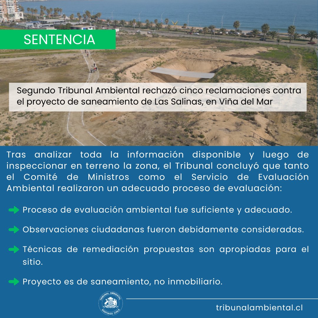 SENTENCIA⚖️
🔘<a href="/TrAmbiental/">Segundo Tribunal Ambiental / Environmental Court</a> rechazó 5 reclamaciones contra el proyecto Saneamiento del Terreno Las Salinas
📌Confirmó que la evaluación ambiental fue suficiente y adecuada, que se consideraron debidamente las observaciones ciudadanas y que las técnicas de remediación propuestas