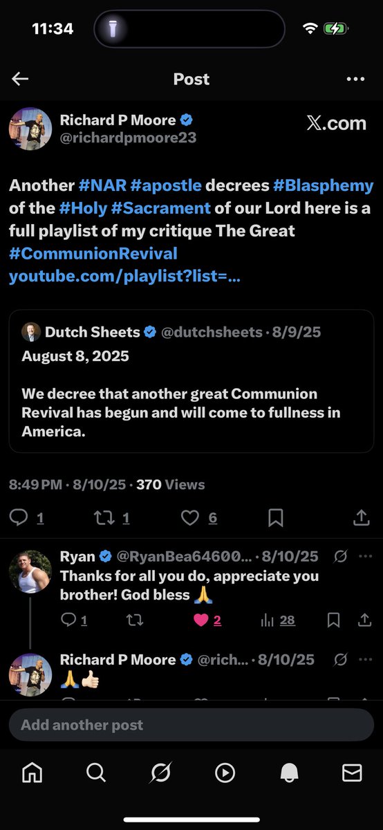richardpmoore23's tweet photo. I guess #apostle @dutchsheets could not handle the #theological critique of his #unbiblical #blasphemy of our Lord’s #Sacrement of #HolyCommunion which he and #falseprophet @LouEngle call the “#GreatCommunionRevival” also propagated by @BethelRedding at their “Communion #Revival Night” so he blocked me. Here’s a playlist of my critique and pics below for the post that got me blocked 
“The Great Communion Revival” playlist 
https://t.co/Iui521XVxx