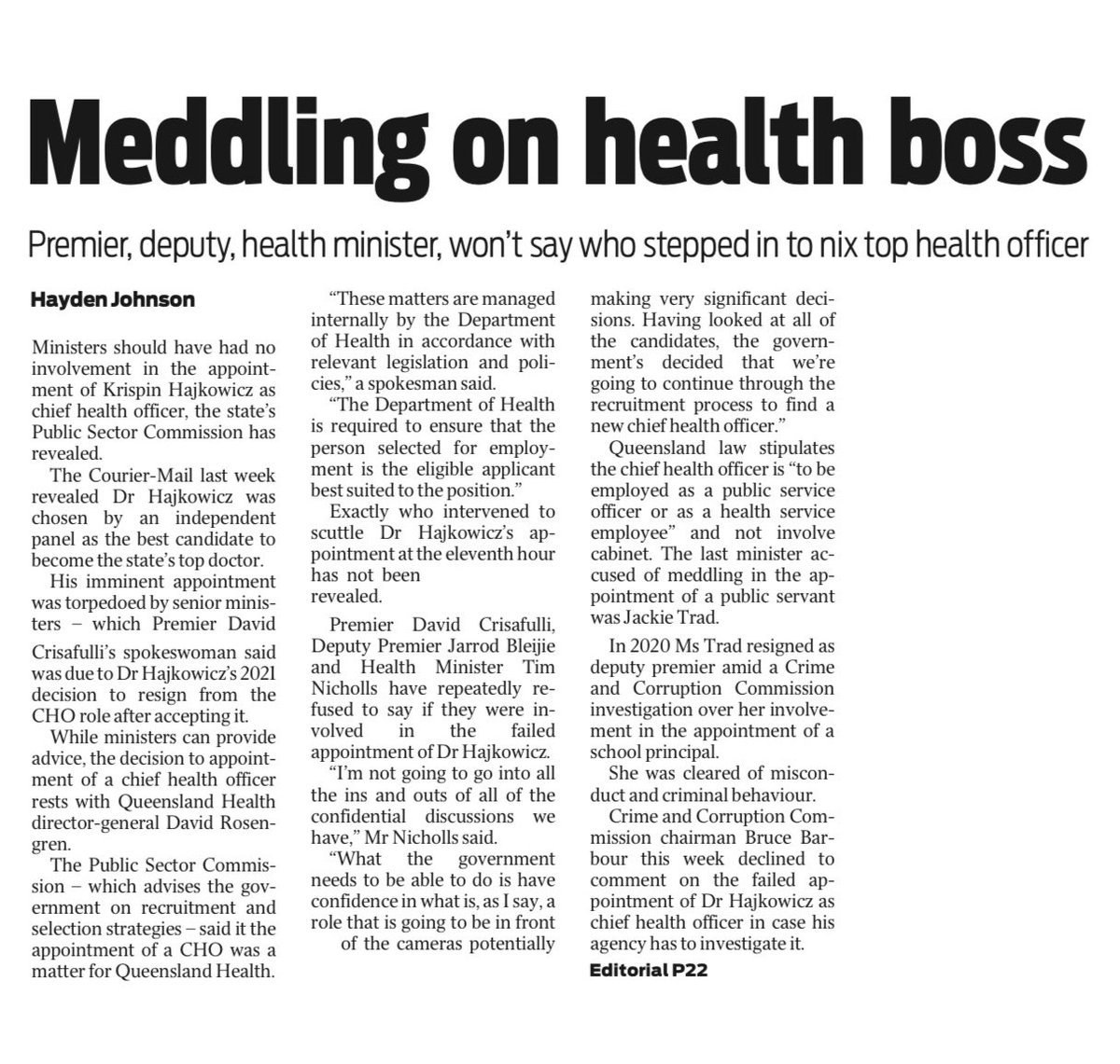 The axing of the successful and recommended new Chief Health Officer scandal involving Premier <a href="/DavidCrisafulli/">David Crisafulli</a> &amp; <a href="/TimNichollsMP/">Tim Nicholls MP</a> deepens…