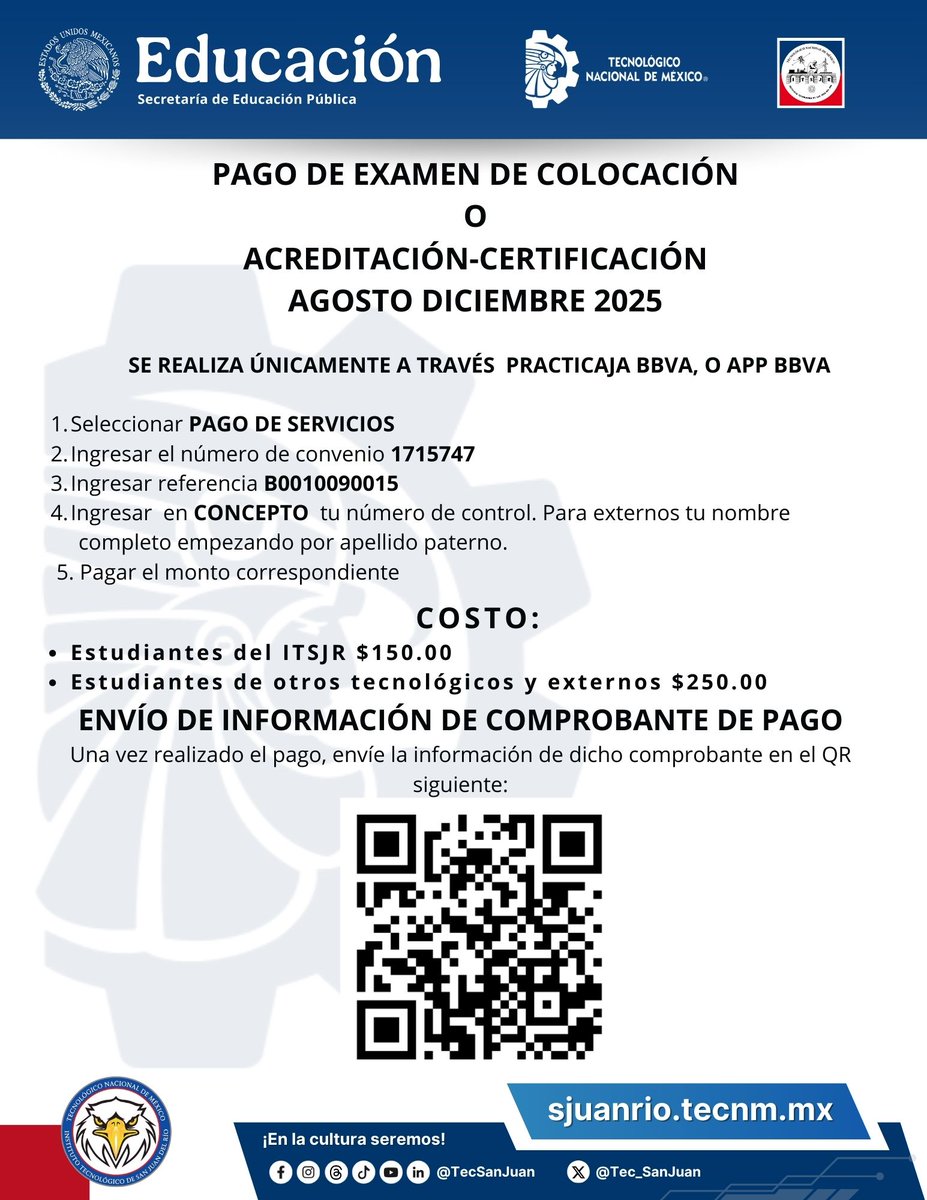 🦅 ¡Atención comunidad #TecSanJuan!

¿Listos para dar el siguiente paso?
Ya está disponible la Convocatoria del Examen de Colocación de Inglés.

👉 Regístrate aquí: bit.ly/3V908z4

💳 Sube tu comprobante de pago aquí: bit.ly/41hsLhc

¡Que nada te detenga!