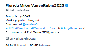 Enchanter âïžðŠâð¥ (@the_fabricator2) on Twitter photo I would like to introduce our new Community Moderator.
Florida Mike <a href="/TheFloridaMike/">Florida Mike: VanceRubio2028</a> .
We believe he will help us grow and become a better Community for everyone. Please take the time to welcome him. I would like to introduce our new Community Moderator.
Florida Mike <a href="/TheFloridaMike/">Florida Mike: VanceRubio2028</a> .
We believe he will help us grow and become a better Community for everyone. Please take the time to welcome him.
