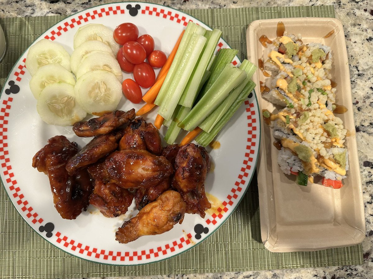 Sushi and wings makes the day better