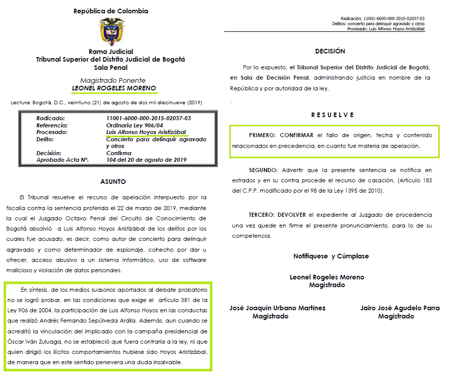 JuanPoe's tweet image. !Importante! El magistrado Leonel Rogeles que le concedió la libertad a Uribe, absolvió en 2° instancia a Luis Alfonso Hoyos dirigente y asesor del Centro Democrático por sus nexos con el Hacker Sepúlveda, aunque la Fiscalía aportó vídeos y pruebas que lo involucraban. Sigue👇