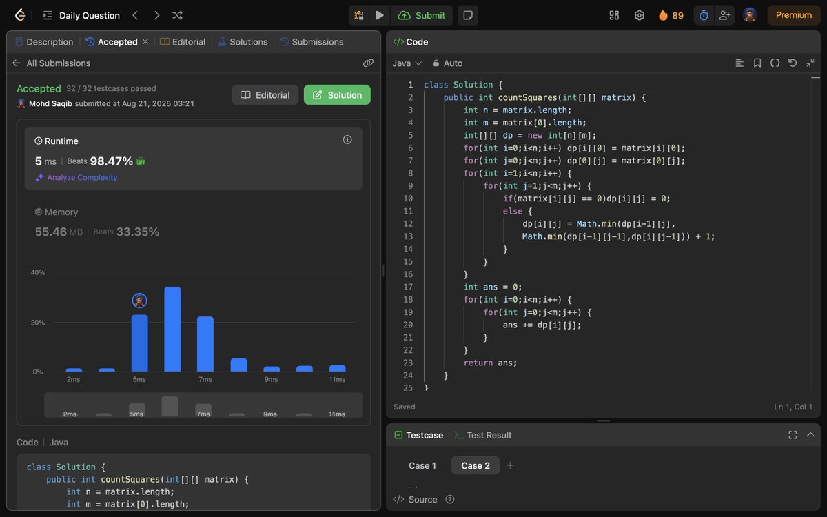 Mohd_Saqib_'s tweet photo. 🚀 Day 391 of Code 🚀

Solved :

✅ 1277. Count Square Submatrices with All Ones

#Day391 #LeetCode #DSA #DynamicProgramming #ProblemSolving #Algorithms #CodeEveryday #100DaysOfCode https://t.co/03IT2HjRdE