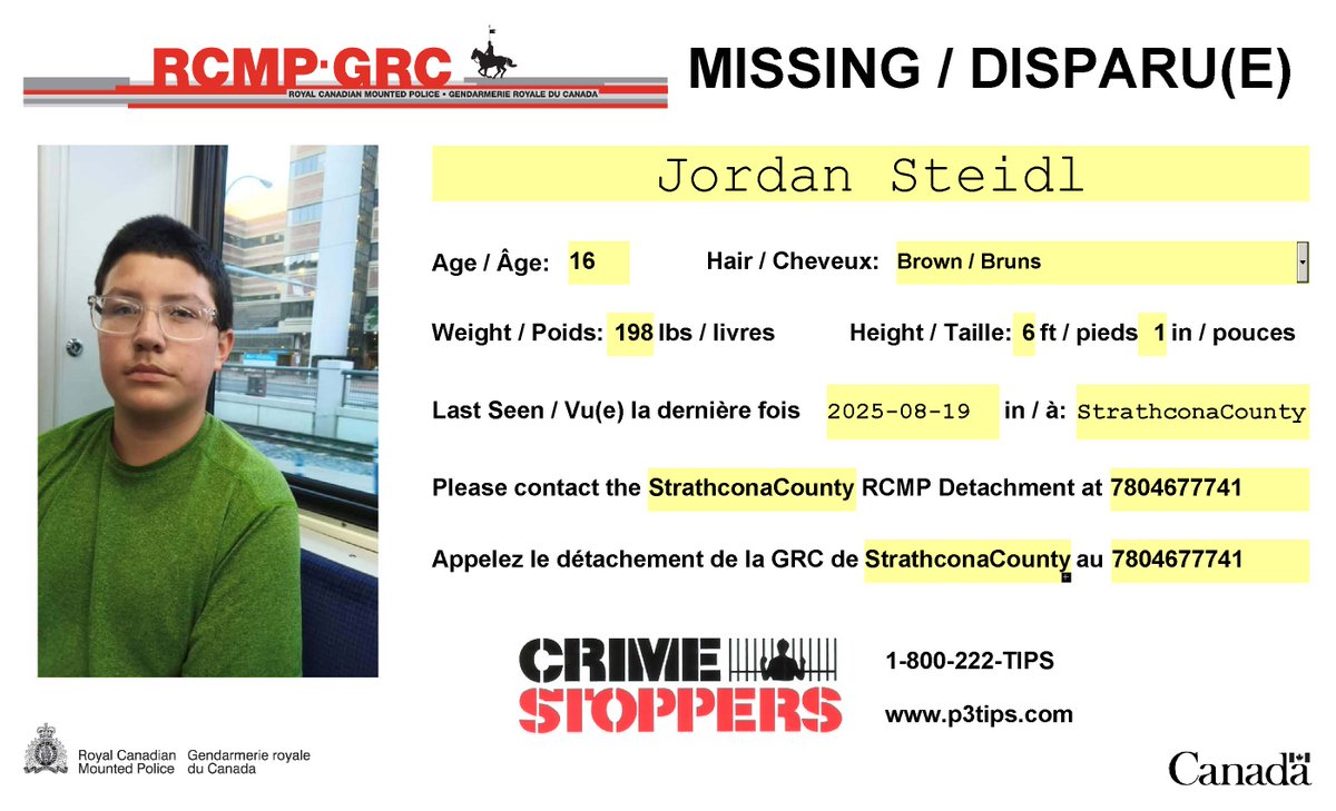 #Disparu : Jordan Steidl, 16 ans, #StrathconaCounty.