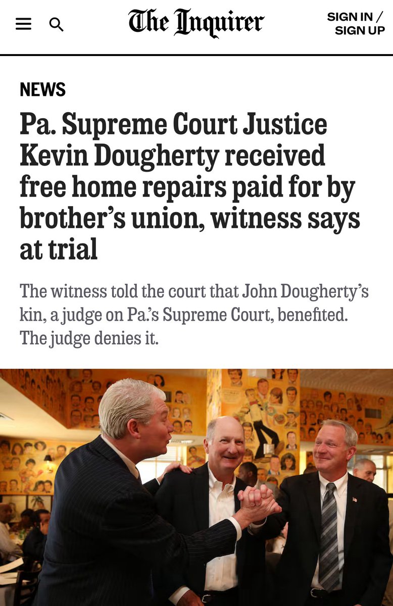 Does no one care that democrat Justice Kevin Dougherty — who sits on the Pennsylvania Supreme Court —

had free repairs done to his home by IBEW Local 98, 

which is the union his brother formerly ran before Johnny Doc was imprisoned for embezzling $600,000 from the same union?