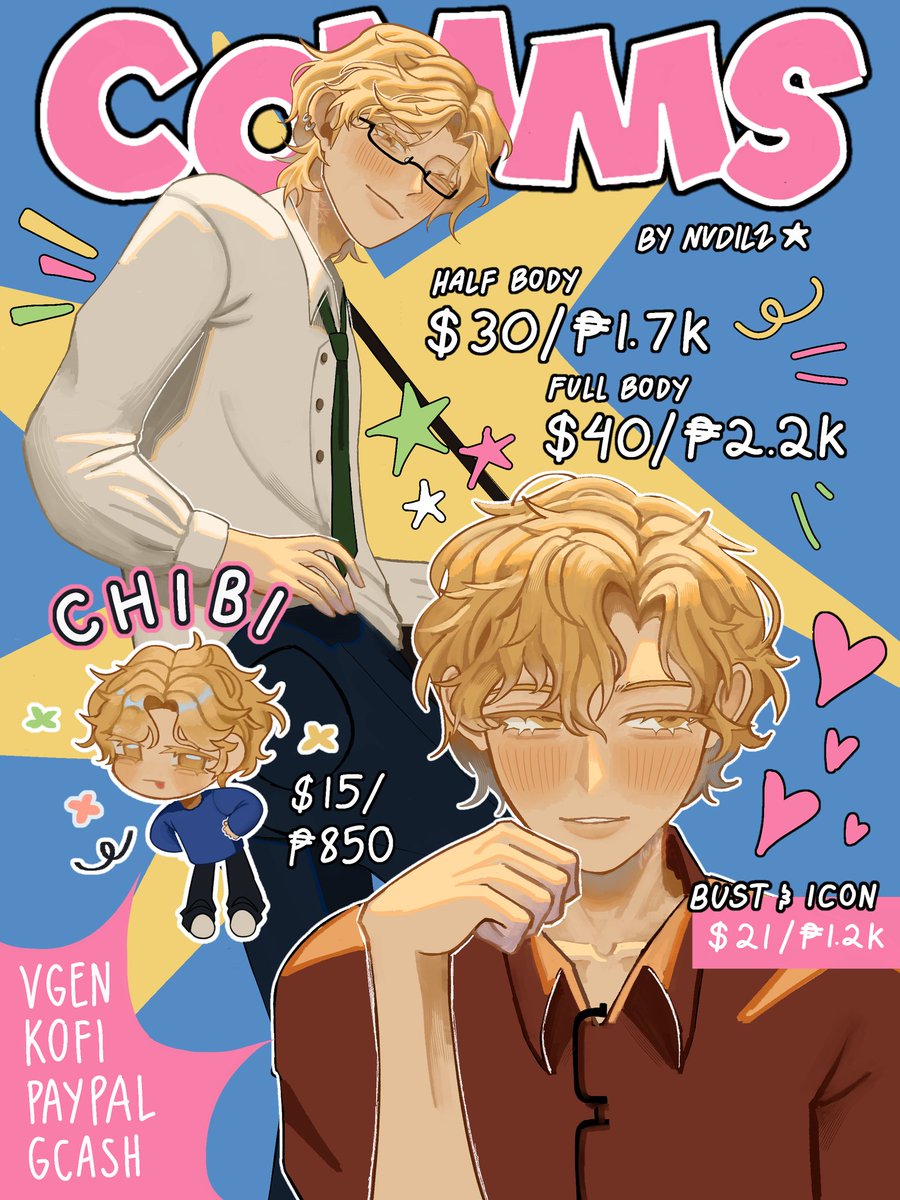 ✮⋆˙  hello #artmoots!!
im finally accepting commissions YAYY

⺡dm me if youre interested!!
oor check out my vgen and carrd for more info:3

vgen.co/nvdilz
nvdilz.carrd.co

#artph #arttwt #artcommissions #vgen #VGenComm