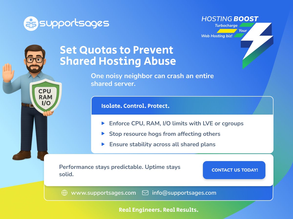 supportsages's tweet image. Boost Your Hosting Biz #23
Shared hosting chaos?
We cap CPU, RAM, &amp;amp; I/O with LVE or cgroups to stop resource hogs.

✅ More stable uptime
✅ Less support load
✅ Happier clients

Performance stays predictable.
#HostingTips #SupportSages #WebHosting