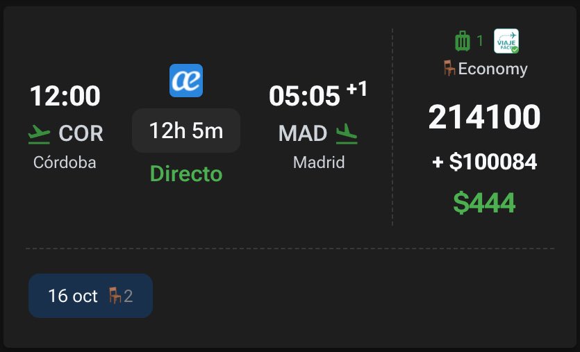 menosmillas's tweet photo. Vuelo directo Córdoba -> Madrid 🇪🇸

~ 444 usd 🔥

Buscá en https://t.co/EfrQu2PHG8 https://t.co/sloe0mibEw