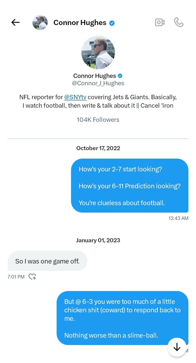 Defense Wins Championships (@dwc_1985) on Twitter photo I'll never forget the day <a href="/Connor_J_Hughes/">Connor Hughes</a> slid into my DM's to remind me how right he was.
🤣🖕🏼😭
(This guy loves when the Jets lose). I'll never forget the day <a href="/Connor_J_Hughes/">Connor Hughes</a> slid into my DM's to remind me how right he was.
🤣🖕🏼😭
(This guy loves when the Jets lose).