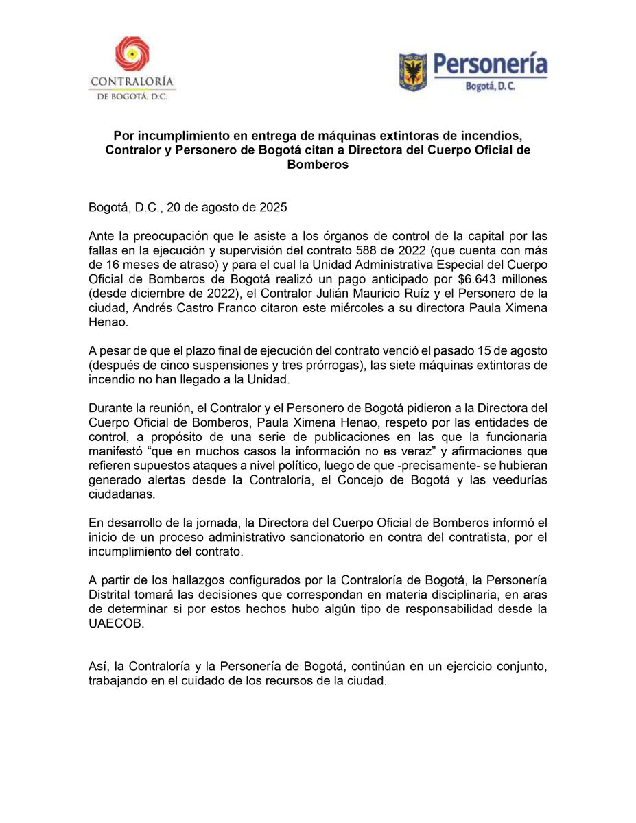 Contraloría de Bogotá D.C (@contraloriabta) on Twitter photo En un trabajo conjunto, la Contraloría de Bogotá y <a href="/personeriabta/">Personería de Bogotá</a> pidieron explicaciones a la directora de <a href="/BomberosBogota/">Bomberos Oficiales de Bogotá</a>, Paula Henao, por el incumplimiento en la entrega de 7⃣ máquinas extintoras de incendios.
Más detalles ⬇📝
#TuContraloríaEnAcción En un trabajo conjunto, la Contraloría de Bogotá y <a href="/personeriabta/">Personería de Bogotá</a> pidieron explicaciones a la directora de <a href="/BomberosBogota/">Bomberos Oficiales de Bogotá</a>, Paula Henao, por el incumplimiento en la entrega de 7⃣ máquinas extintoras de incendios.
Más detalles ⬇📝
#TuContraloríaEnAcción
