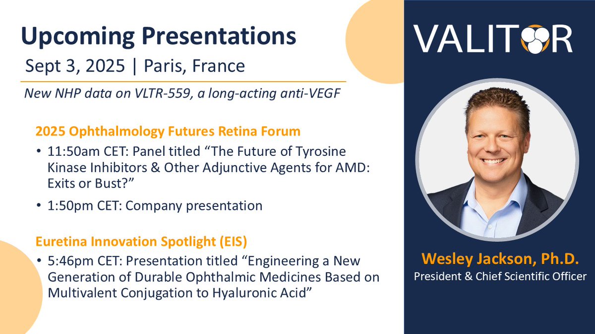 valitorbio's tweet photo. We are excited for the unveiling of our NHP data for VLTR-559, a long-acting anti-VEGF therapy for the treatment of wet AMD, at the Ophthalmology Futures Retina Forum and Euretina Conference. If you are attending, reach out to meet. Read PR: https://t.co/4PxwbyDHkm https://t.co/kNmaV0qfcd