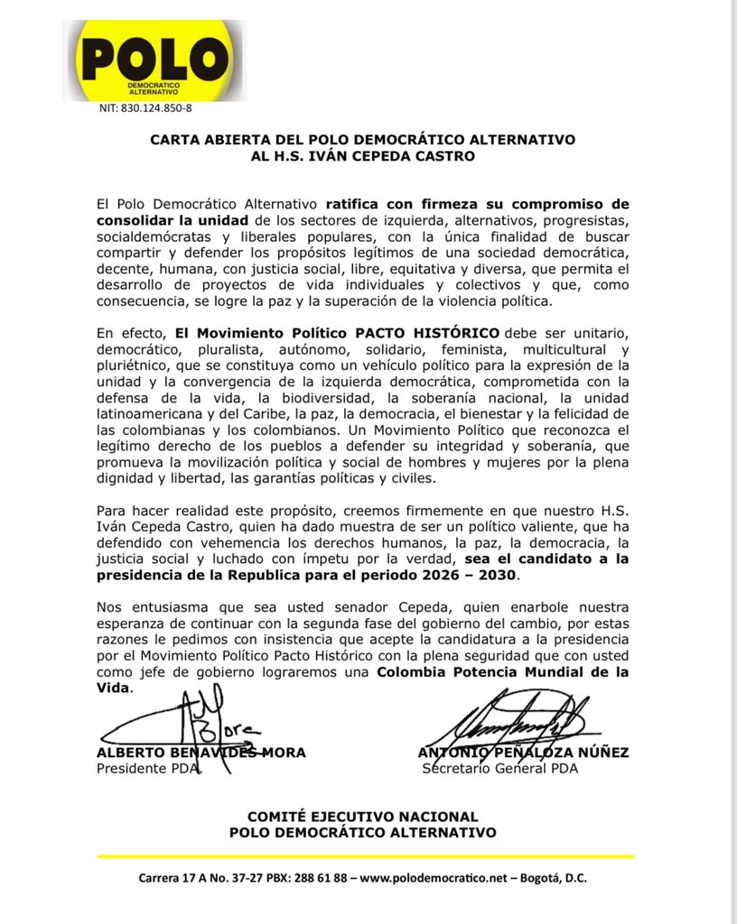 Polo Democrático Alternativo (@polodemocratico) on Twitter photo CARTA ABIERTA A IVÁN CEPEDA
Senador <a href="/IvanCepedaCast/">Iván Cepeda Castro</a>, le pedimos que acepte ser nuestro candidato a la presidencia por el movimiento político <a href="/PactoCol/">Pacto Histórico Oficial</a>. CARTA ABIERTA A IVÁN CEPEDA
Senador <a href="/IvanCepedaCast/">Iván Cepeda Castro</a>, le pedimos que acepte ser nuestro candidato a la presidencia por el movimiento político <a href="/PactoCol/">Pacto Histórico Oficial</a>.