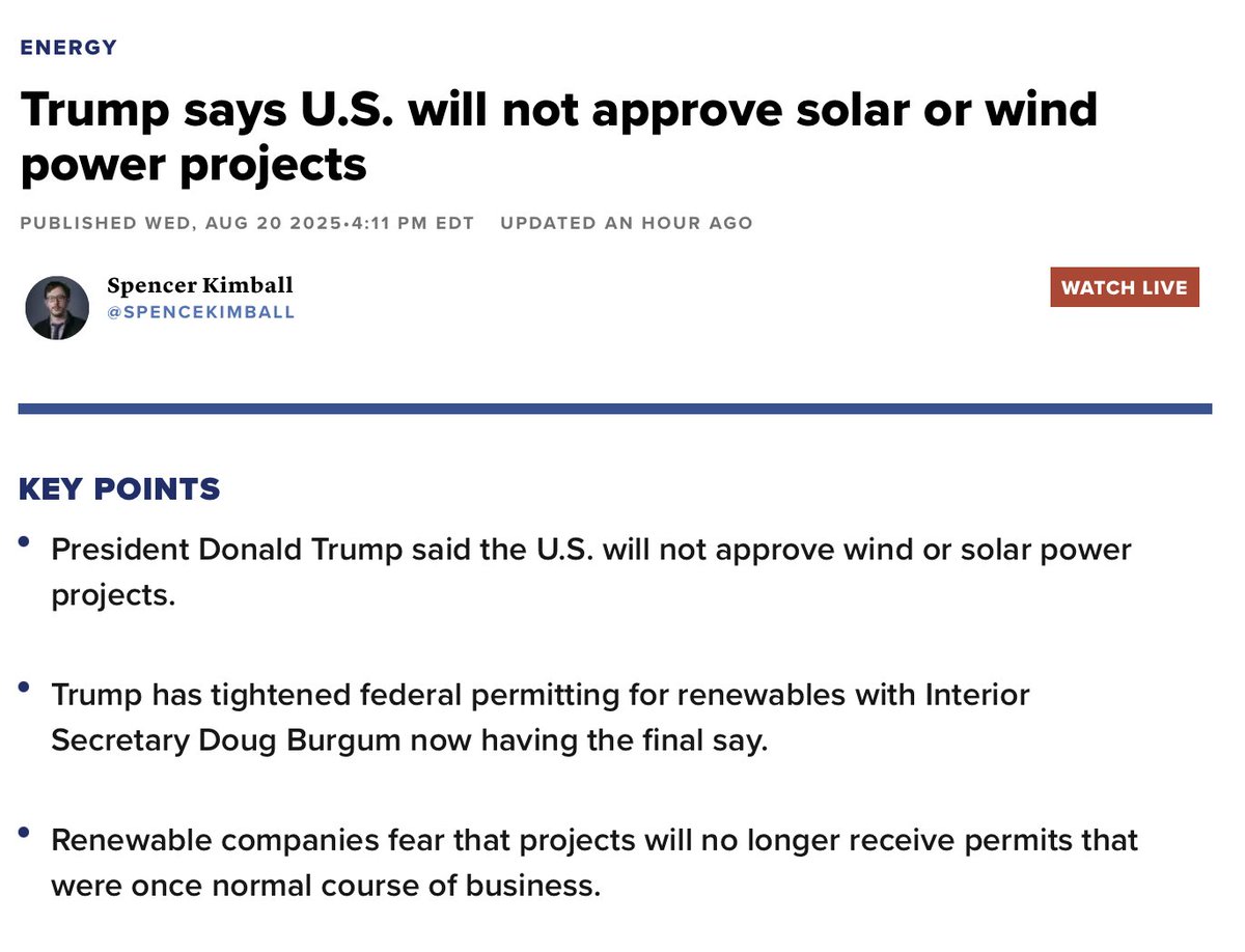 ns123abc's tweet photo. NEWS: Trump said U.S will NOT approve solar power projects 

This is absolutely short-sighted because solar is exponentially more scalable, unlike gas. So, once data center demand collides with turbine/transformer limits, solar wins on scalability

US is shooting itself in the foot.