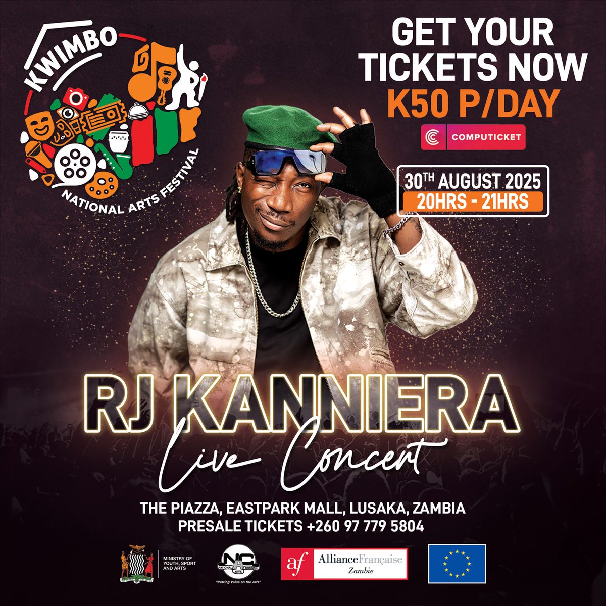 CreativeAf71979's tweet photo. RJ Kanniera is coming to #KNAF2025! 🎶 Aug 28–31, Piazza @ Eastpark Mall. Top-tier performances you won’t forget. Tickets K50/day at Shoprite 🎟️. Do not miss out!

@KwimboNartsfest 

#KNAF2025 #KwimboNAF2025 #KwimboNationalArtsFestival https://t.co/4lpSkte1pi