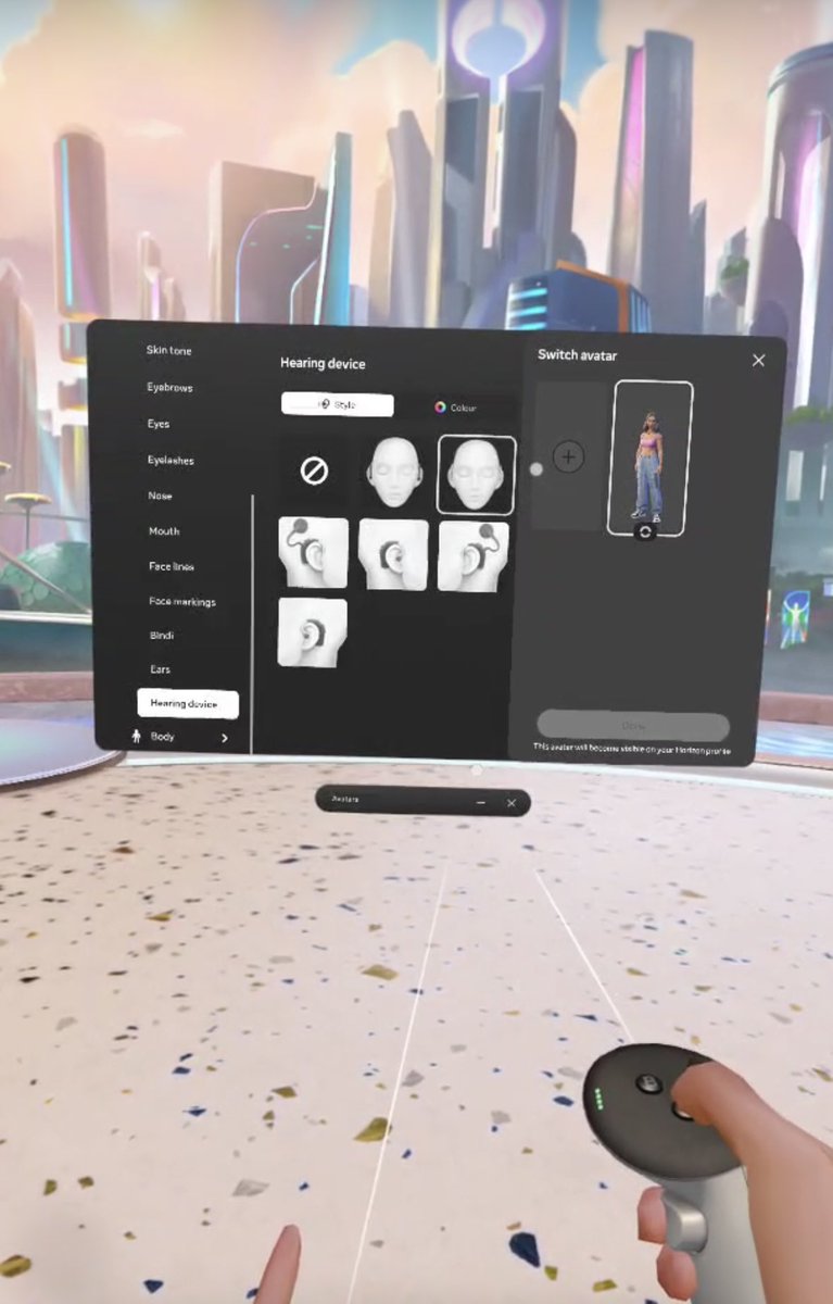 WaadAlobaid's tweet photo. Just discovered that #Meta_Quest lets you add hearing devices to your avatar 🤯👏Such a thoughtful detail and I love seeing this kind of inclusivity! https://t.co/NaUZghRmOZ