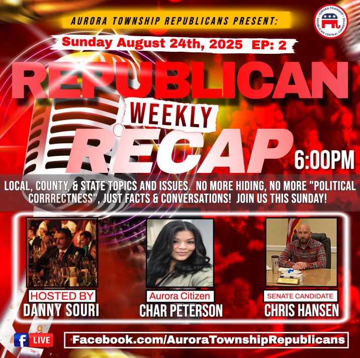 GOPAurora's tweet photo. 🚨 This Sunday! Episode 2 of the Republican Weekly Recap 🚨

🔥 No spin. No hiding. No “political correctness.”
Just facts, truth, and real conversations you won’t hear anywhere else.

📍 Watch LIVE on Facebook → https://t.co/HO2bwMsSJK

#AuroraTownshipGOP #RepublicanRecap https://t.co/XOl5FN9wQG