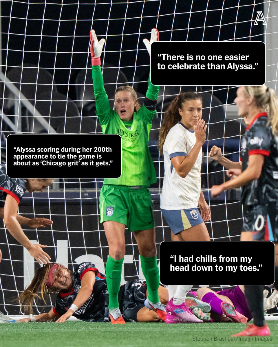 TheAthleticSCCR's tweet photo. Former USWNT goalkeeper Alyssa Naeher has won World Cups, played more games than any other NWSL goalkeeper and saved countless goals.

But on Monday, for the first time in 200 league games, she scored one of her own in the most dramatic fashion.

The Athletic asked Naeher’s Chicago Stars teammates to relive the moment that helped complete their three-goal comeback.

✍️ @asli_pelit 

https://t.co/bjrhYfw0Yc