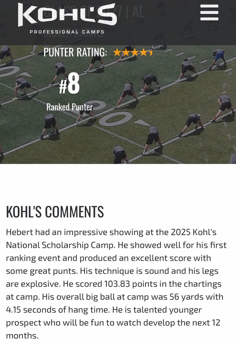 HarrisonHeb49's tweet photo. Very grateful to be ranked #8 punter in the nation and #1 in AL. Thanks to the Kohl’s staff for an incredible experience at the National Showcase. Special thanks to my coaches for helping me get to this point. All Glory to God!
@StClark30 @Coach_Radke @ericponio @maxarnoldjr @T_Zielenske5 @coachj_lepak @coachseansnyder @mwforester @Coach_Tatum58 @HallTechSports1 @AL5AFootball @KyleParmley @GaryALloyd @AlecEtheredgeSC @PrepRedzoneAL @MaxPreps