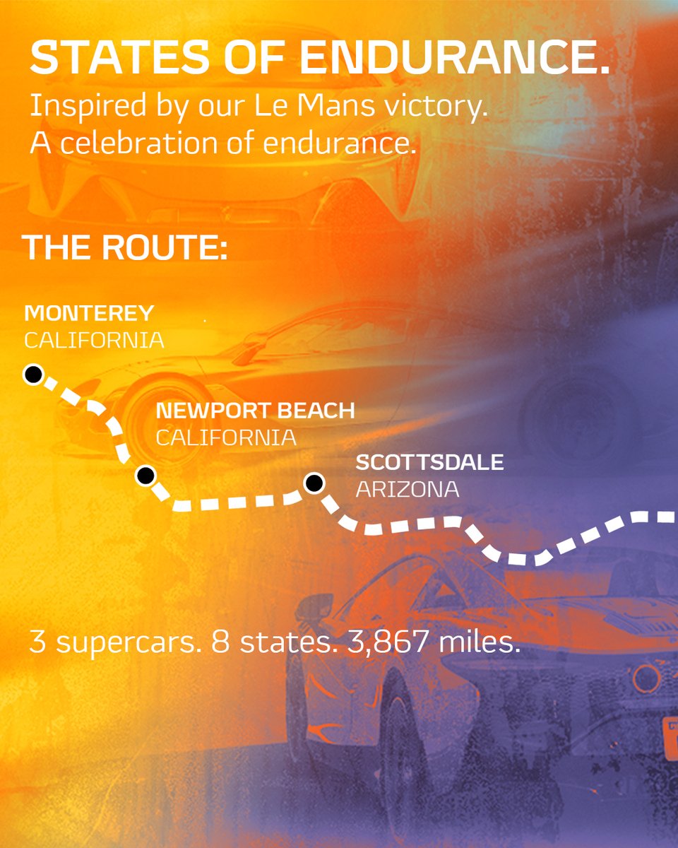 MclarenSeattle's tweet photo. States of Endurance. Inspired by #McLaren's legendary Le Mans victory. 3 supercars. 8 states. 3,867 miles of shifting terrain and iconic moments. This isn’t just a drive - it is a celebration of resilience, precision &amp; the spirit of Le Mans across America. #McLarenAuto #LeMans24 https://t.co/xOpJ5xJoSJ
