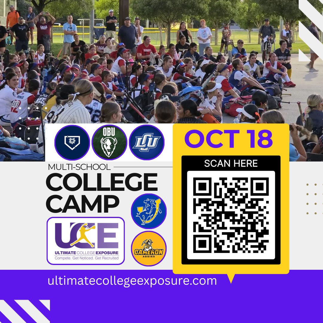 COLLEGE CAMP - DONT MISS OUT!
💜🤍💛
We have another incredible opportunity during the Pink Out event on Oct 18. We've already locked in schools like S. Arkansas, LCU, &amp; Univ of Dallas with MANY MORE on the way. Use this code to registration or check out ultimatecollegeexposure.com