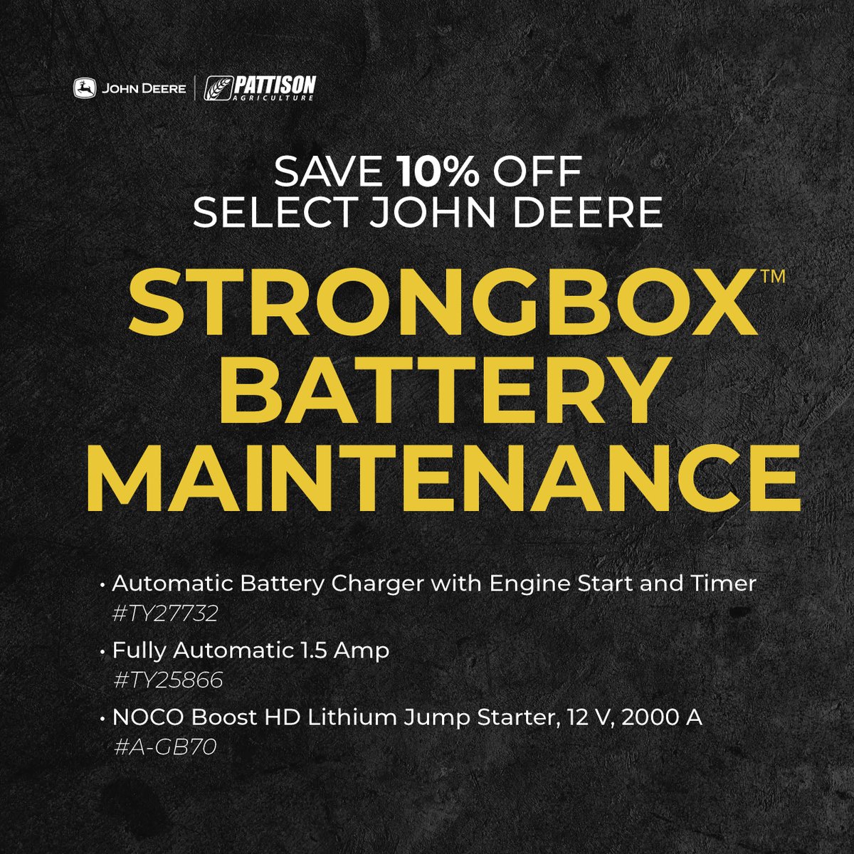 PattisonAg's tweet image. Save 10% Off Select John Deere Strongbox Products! 💪🛠️

✅Strongbox Original Equipment
✅Strongbox Standard Duty
✅Strongbox Battery Maintenance
✅Strongbox Accessories

Offer ends September 30, 2025!🚨

Shop Now!🔗ow.ly/UCrO50WCU4q

#PattisonAg #StrongBox