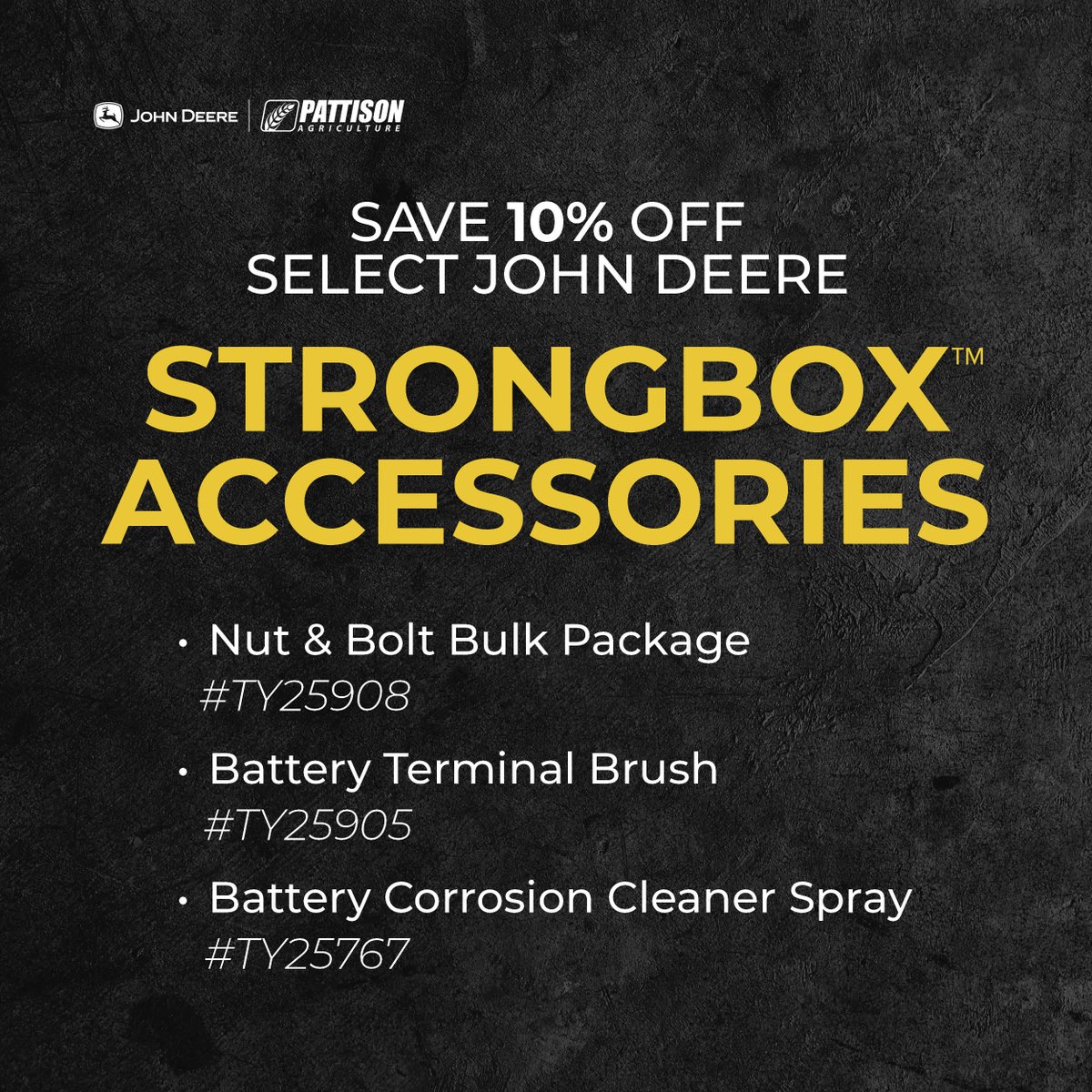PattisonAg's tweet image. Save 10% Off Select John Deere Strongbox Products! 💪🛠️

✅Strongbox Original Equipment
✅Strongbox Standard Duty
✅Strongbox Battery Maintenance
✅Strongbox Accessories

Offer ends September 30, 2025!🚨

Shop Now!🔗ow.ly/UCrO50WCU4q

#PattisonAg #StrongBox