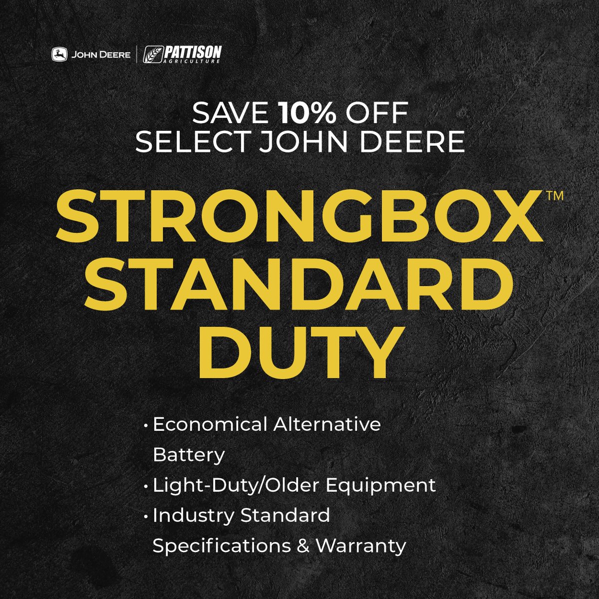 PattisonAg's tweet image. Save 10% Off Select John Deere Strongbox Products! 💪🛠️

✅Strongbox Original Equipment
✅Strongbox Standard Duty
✅Strongbox Battery Maintenance
✅Strongbox Accessories

Offer ends September 30, 2025!🚨

Shop Now!🔗ow.ly/UCrO50WCU4q

#PattisonAg #StrongBox