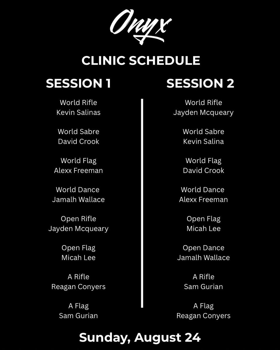 OnyxColorGuard's tweet image. This Sunday!

ONYX Summer Clinic
Join us for a social, educational and invigorating day!

No matter your age or your experience our classes are tailored to the highest levels of world class, and to the beginners seeking fundamentals in A class. 

Questions?
TheOnyxCG@gmail.com