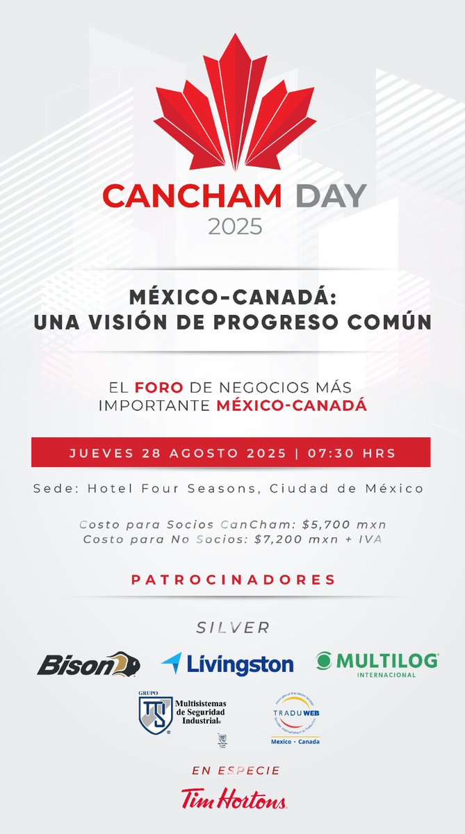 🚨 ¡Últimos días para registrarte a #CanChamDay2025! 🚀

Este jueves 28 de agosto, en el Hotel Four Seasons, CDMX, líderes empresariales, autoridades y expertos de México y Canadá se reunirán en un foro de alto nivel que marcará la agenda bilateral del año.

🎙️ Contaremos con la