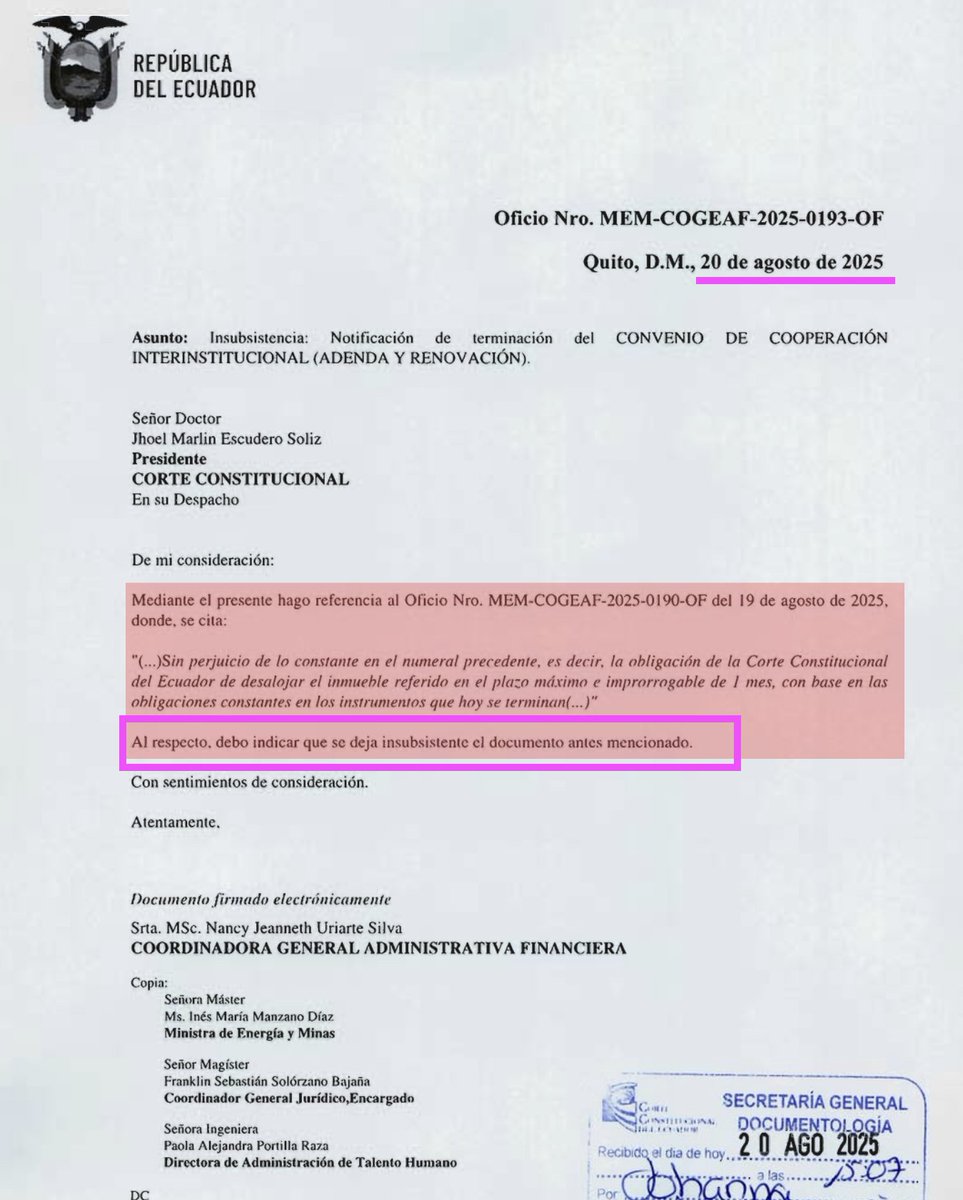 🔴¿INTIMIDACIÓN?🔴

El martes 19 de agosto, el Ministerio de Energía notificó la terminación del Convenio de Cooperación Institucional mediante el cual la Corte Constitucional utiliza para sus oficinas desde 2019 el edificio "Tamagar", en las calles Tamayo y Lizardo García.

Y