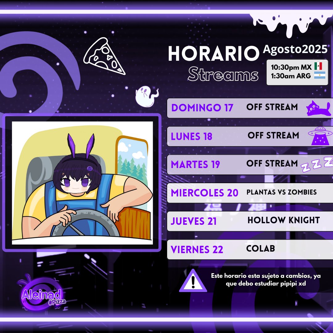 Aleinadvtpizza's tweet photo. Horario de streams de la semana, mi semana empieza hoy sisi jajaj, espero verte en alguno de mis streams nwn 

#Vtubers #Vtuber #vtuberes #aleinadpizza https://t.co/wTOxJUJ8Xa