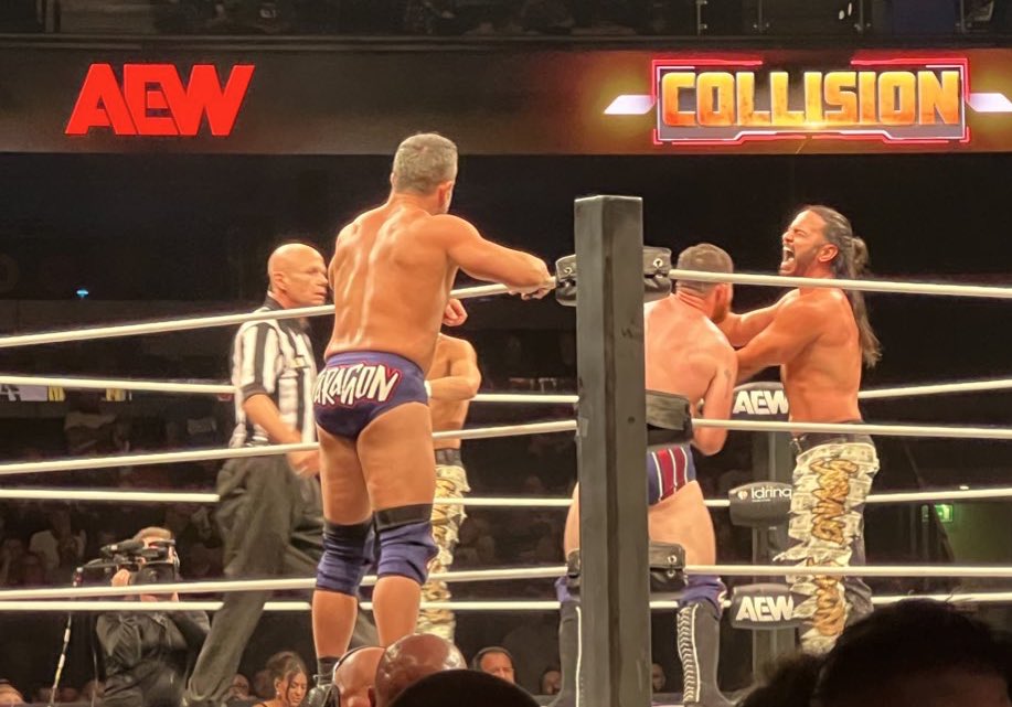 PromoJoeYT's tweet image. Young Bucks just got introduced as Rod and Tod at #AEWCollison
