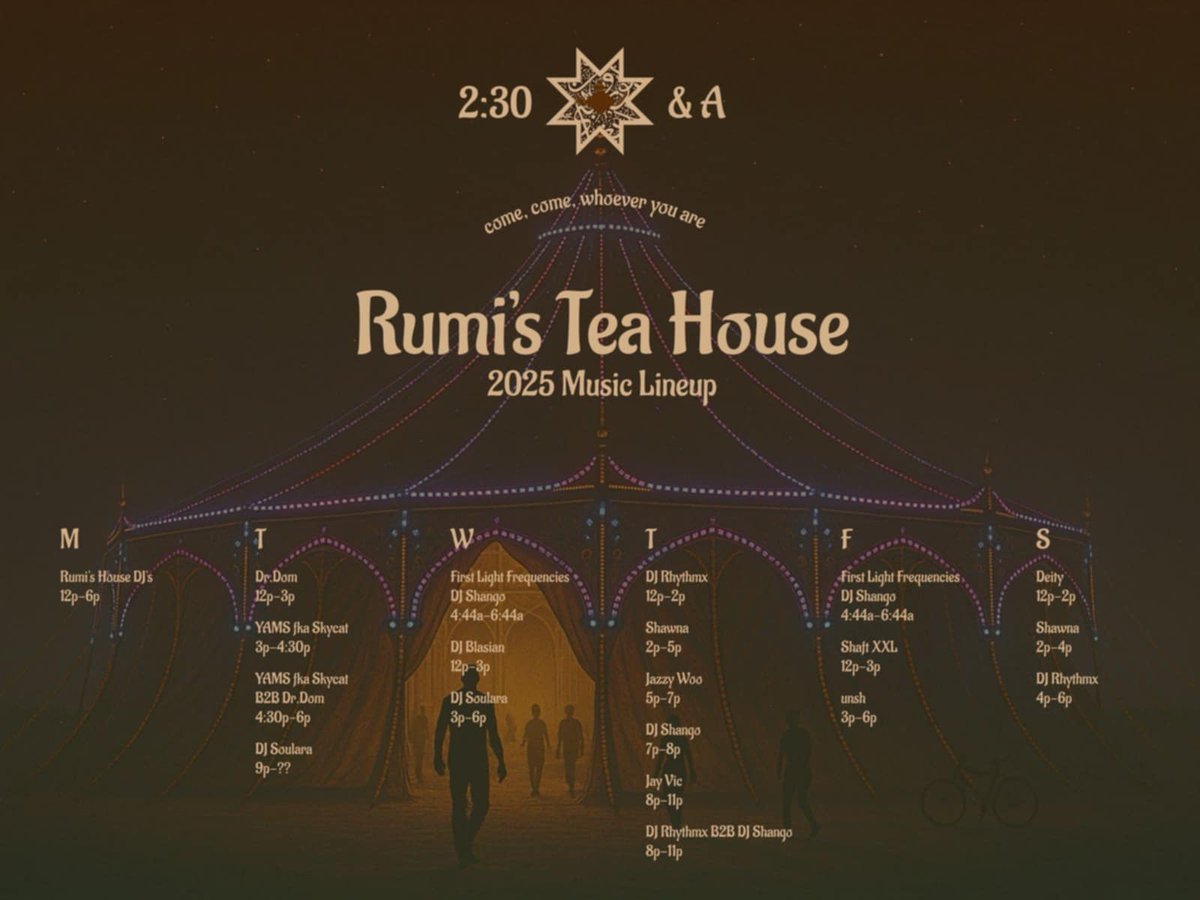 Stoked to share that I've joined this year's lineup at Rumi's Tea House.

It's one of at least a few confirmed sets i'll be playing on Playa.

Catch me there from noon to 3 pm on Wednesday 😁