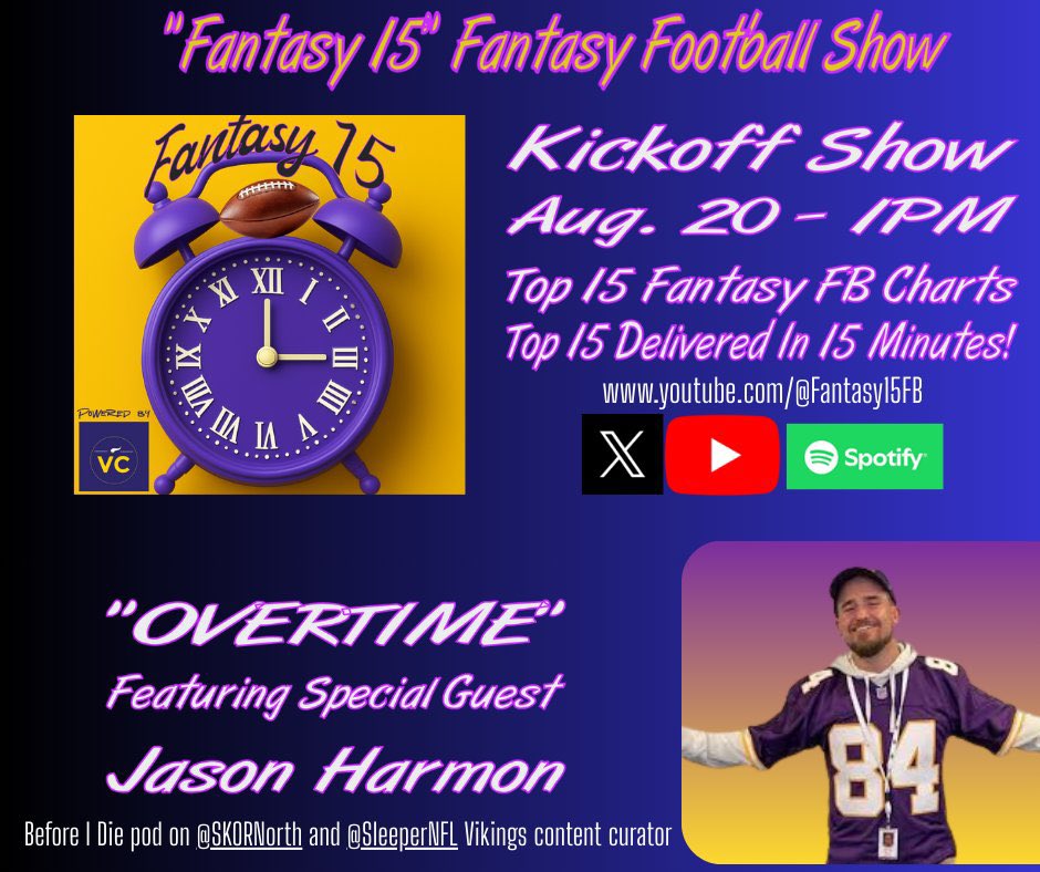 Fantasy 15 (@fantasy15fb) on Twitter photo <a href="/Fantasy15FB/">Fantasy 15</a> is going "LIVE" with <a href="/_jason_777/">Jason Harmon</a> in 20 Minutes for our Kickoff Show!
Please join us, ask questions #Vikings or #FantasyFootball and we will answer them LIVE! <a href="/Fantasy15FB/">Fantasy 15</a> is going "LIVE" with <a href="/_jason_777/">Jason Harmon</a> in 20 Minutes for our Kickoff Show!
Please join us, ask questions #Vikings or #FantasyFootball and we will answer them LIVE!