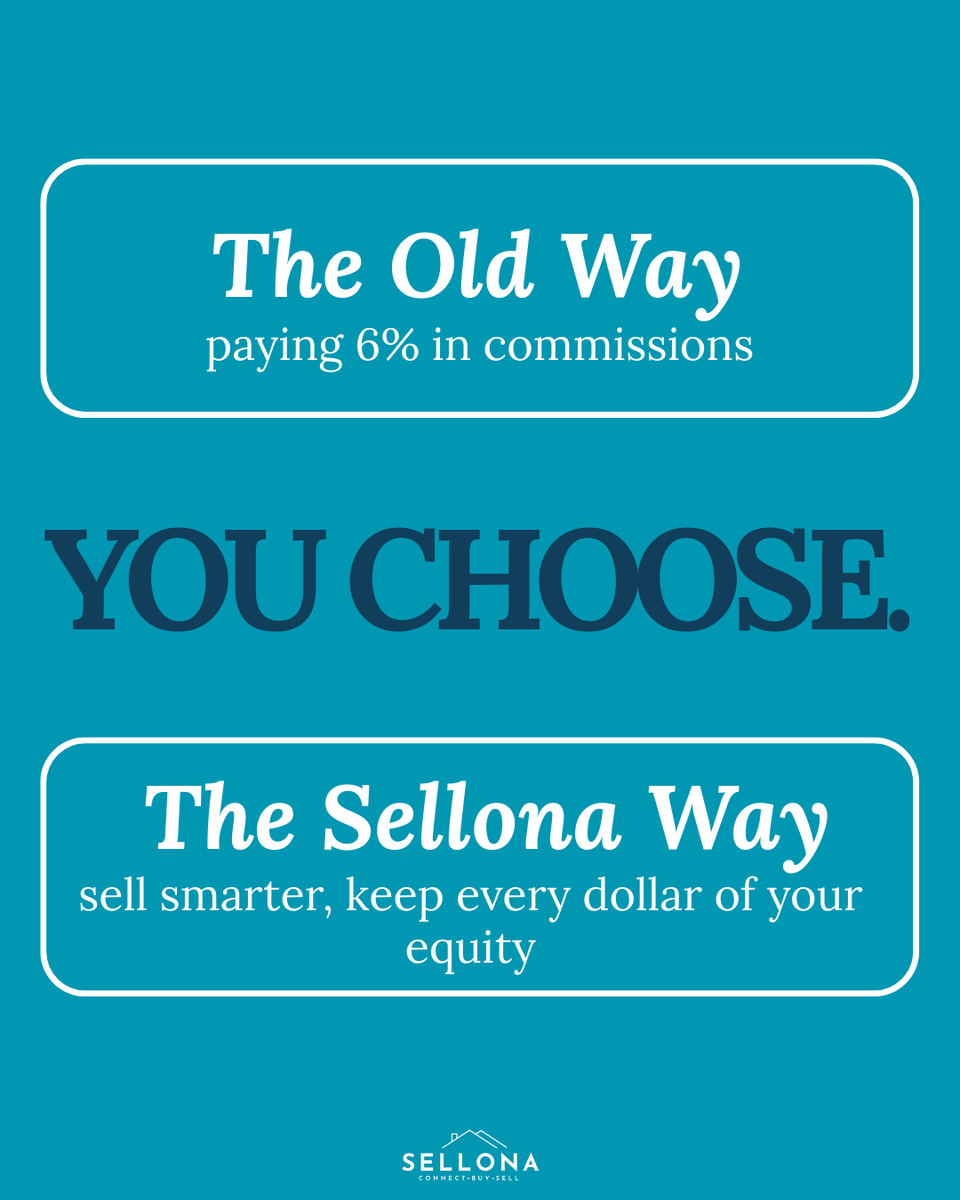 connectbuysell's tweet image. The old way: sell your home, pay 6% in commissions. 
The new way: sell smarter, keep every dollar of your equity. 

Thanks to the NAR settlement, sellers finally have a choice. Sellona makes it simple. #RealEstateRevolution #HousingEquity #SellSmarter