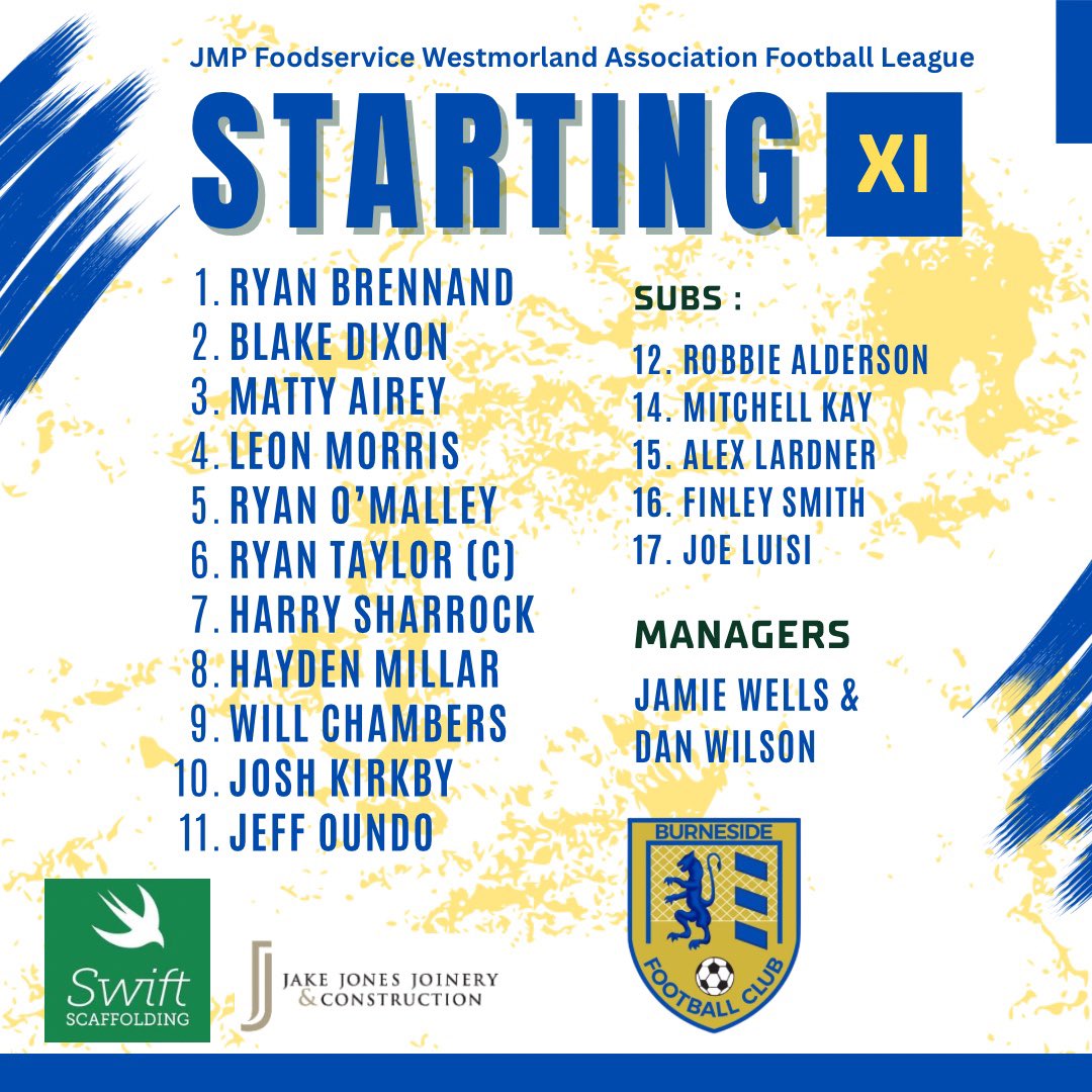 BurnesideFC (@burnesidefc) on Twitter photo First team line up for tonightโs <a href="/WestmorlandFL/">Westmorland Football League</a> Div 3 game against <a href="/KendalCounty/">Kendal County FC</a> Reserves.
KO 6:45pm.
#uptheburneside <a href="/NLCumbria/">Non League Cumbria</a> <a href="/WestmorlandFA/">Westmorland FA</a> First team line up for tonightโs <a href="/WestmorlandFL/">Westmorland Football League</a> Div 3 game against <a href="/KendalCounty/">Kendal County FC</a> Reserves.
KO 6:45pm.
#uptheburneside <a href="/NLCumbria/">Non League Cumbria</a> <a href="/WestmorlandFA/">Westmorland FA</a>
