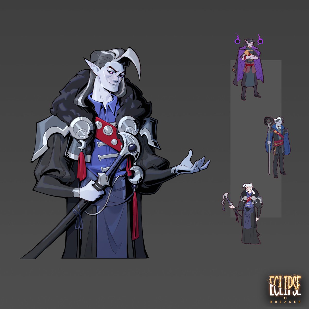 Another character I got to design alongside narrative for JRPG-inspired indie game, Eclipse Breaker - Galax! He's one of 2 shopkeepers, he himself being a bad guy turned good?/town mayor kinda guy 🌝 ✨