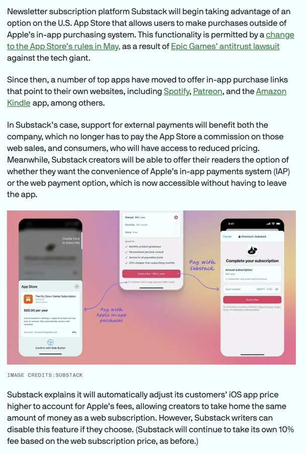 Great piece on how the Epic Games-Apple case is delivering knock-on benefits for competition, this time with lower prices for Substack readers: