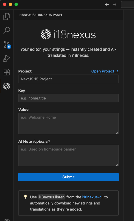 i18nexus's tweet photo. Have you tried the new i18nexus editor extension?

Add strings to your i18nexus project directly from your editor! 🔥

Now available in VS Code and Cursor

#i18n #reactjs #nextjs https://t.co/IxWES7GmPj