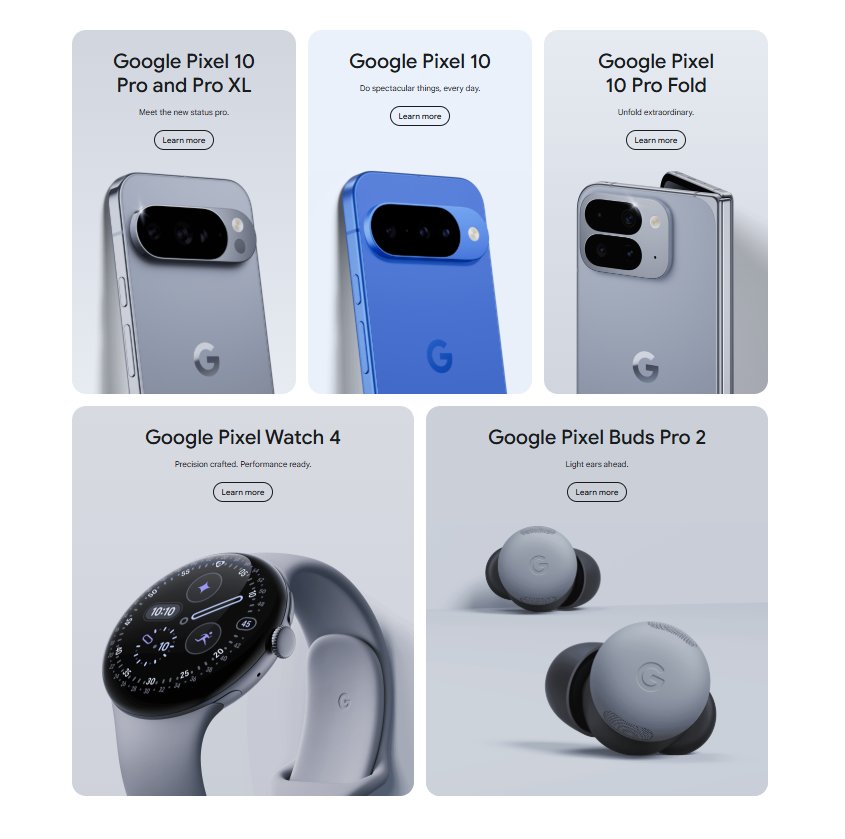 PixelsPanels's tweet photo. Pixel 10 Series Pricing in India.

Pixel 10: ₹79,999 (256GB Only)
Pixel 10 Pro: ₹1,09,999 (256GB Only)
Pixel 10 Pro XL: ₹1,24,999 (256GB Only)
Pixel 10 Pro Fold: ₹1,72,999 (256GB Only)
Pixel Watch 4: ₹39,900
Pixel Buds 2a: ₹12,999

What do you think?

#Pixel #Pixel10 https://t.co/Osq9Ewc0Gz