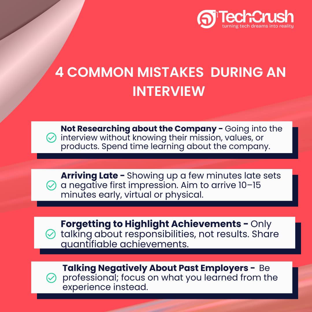 TechCrush.pro (@techcrushhq) on Twitter photo Every interview is a chance to show the best version of yourself. 
Sometimes it’s not the tough questions that cost us the job,
it’s the little things we overlook. 
You’ve worked hard to get the interview, so don’t let simple mistakes steal your spotlight. ✨ Every interview is a chance to show the best version of yourself. 
Sometimes it’s not the tough questions that cost us the job,
it’s the little things we overlook. 
You’ve worked hard to get the interview, so don’t let simple mistakes steal your spotlight. ✨