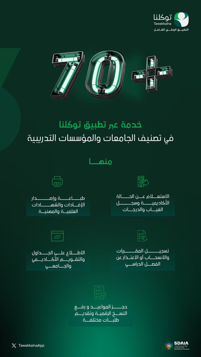 عبر تطبيق #توكلنا +70 خدمة جامعية وتدريبية بانتظارك في تصنيف الجامعات والمؤسسات التدريبية.

snf3.nic.gov.sa/api/core/twkli…