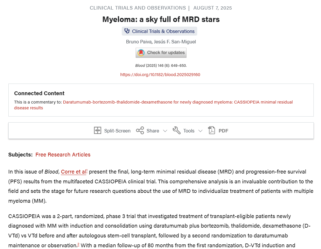 EasyM: Blood-based MRD for MM (@easym_test) on Twitter photo MRD Insights from the CASSIOPEIA Trial 📢
A new analysis from the landmark CASSIOPEIA study confirms what many myeloma experts have been saying:
Deeper, longer lasting MRD negativity = longer progression free survival (PFS)
Key Findings:
- Adding daratumumab to induction, MRD Insights from the CASSIOPEIA Trial 📢
A new analysis from the landmark CASSIOPEIA study confirms what many myeloma experts have been saying:
Deeper, longer lasting MRD negativity = longer progression free survival (PFS)
Key Findings:
- Adding daratumumab to induction,