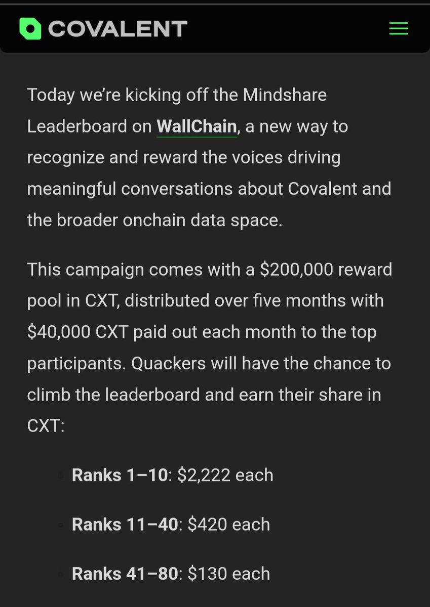 What <a href="/Covalent_HQ/">Covalent</a> reward looks like 

Rewards paid in CXT token 

Top 80 <a href="/wallchain_xyz/">Wallchain Quacks</a> leaderboard